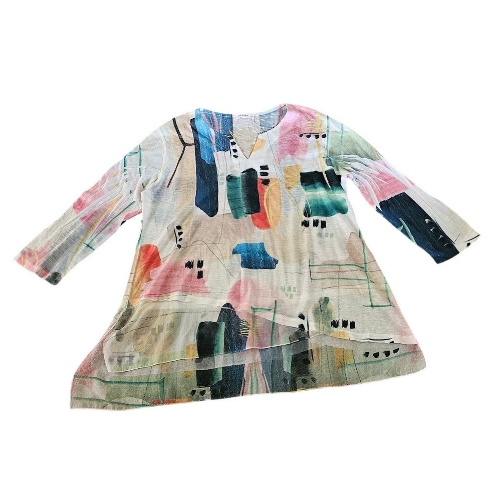 Jess & Jane Women XL Abstract Art Print Tunic Top 3/4 Sleeve Asymmetrical Artsy